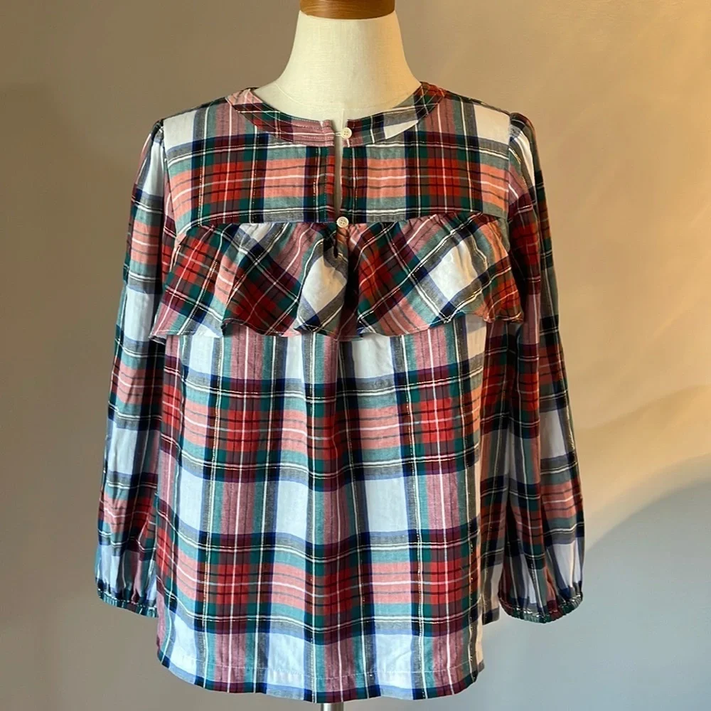 J. Crew women’s plaid pattern blouse top cotton ruffle, metallic accent relax S